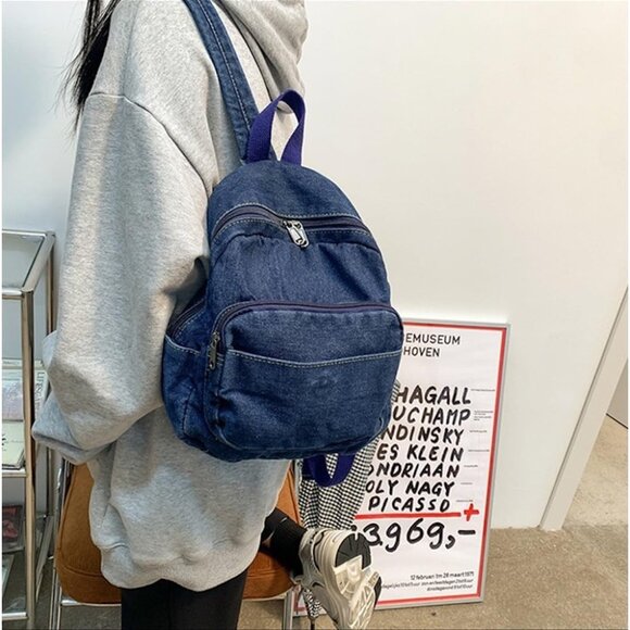 Small Denim Backpack Women Vintage Aesthetic Canvas Daypack Dark Blue - Picture 5 of 9